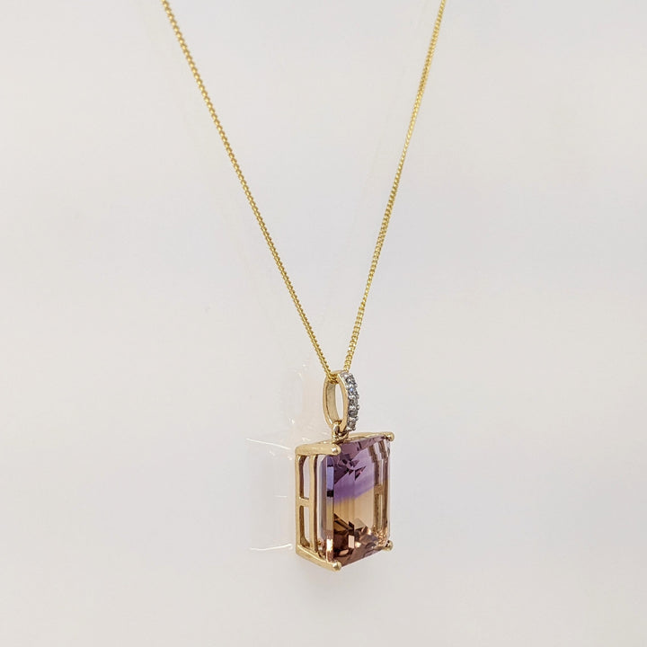 10K AMETRINE EMERALD CUT 10X12 WITH (5) MELEE ESTATE PENDANT & CHAIN 2.5 GRAMS