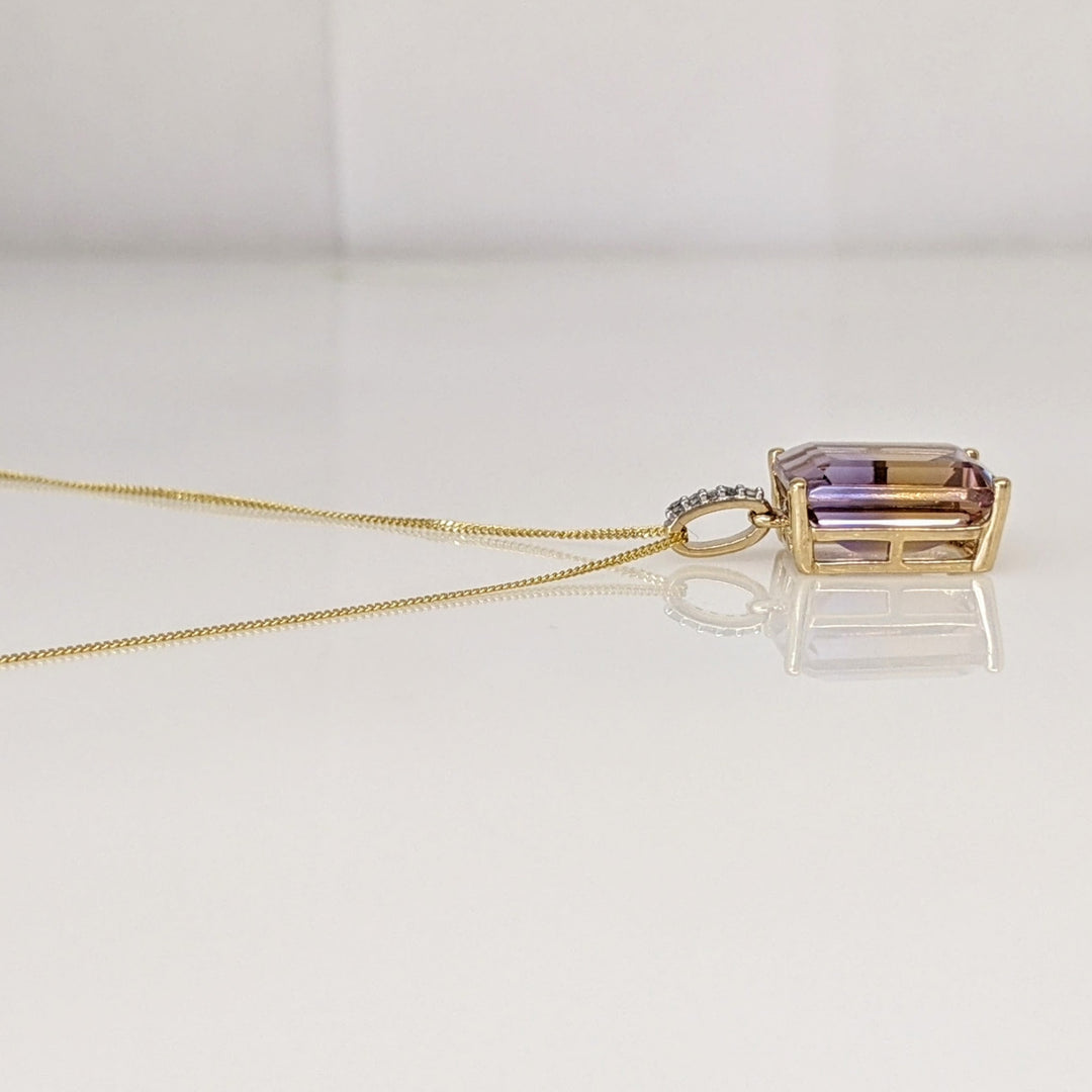 10K AMETRINE EMERALD CUT 10X12 WITH (5) MELEE ESTATE PENDANT & CHAIN 2.5 GRAMS