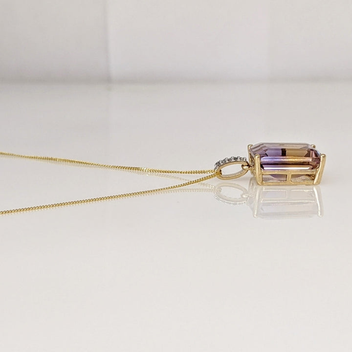 10K AMETRINE EMERALD CUT 10X12 WITH (5) MELEE ESTATE PENDANT & CHAIN 2.5 GRAMS