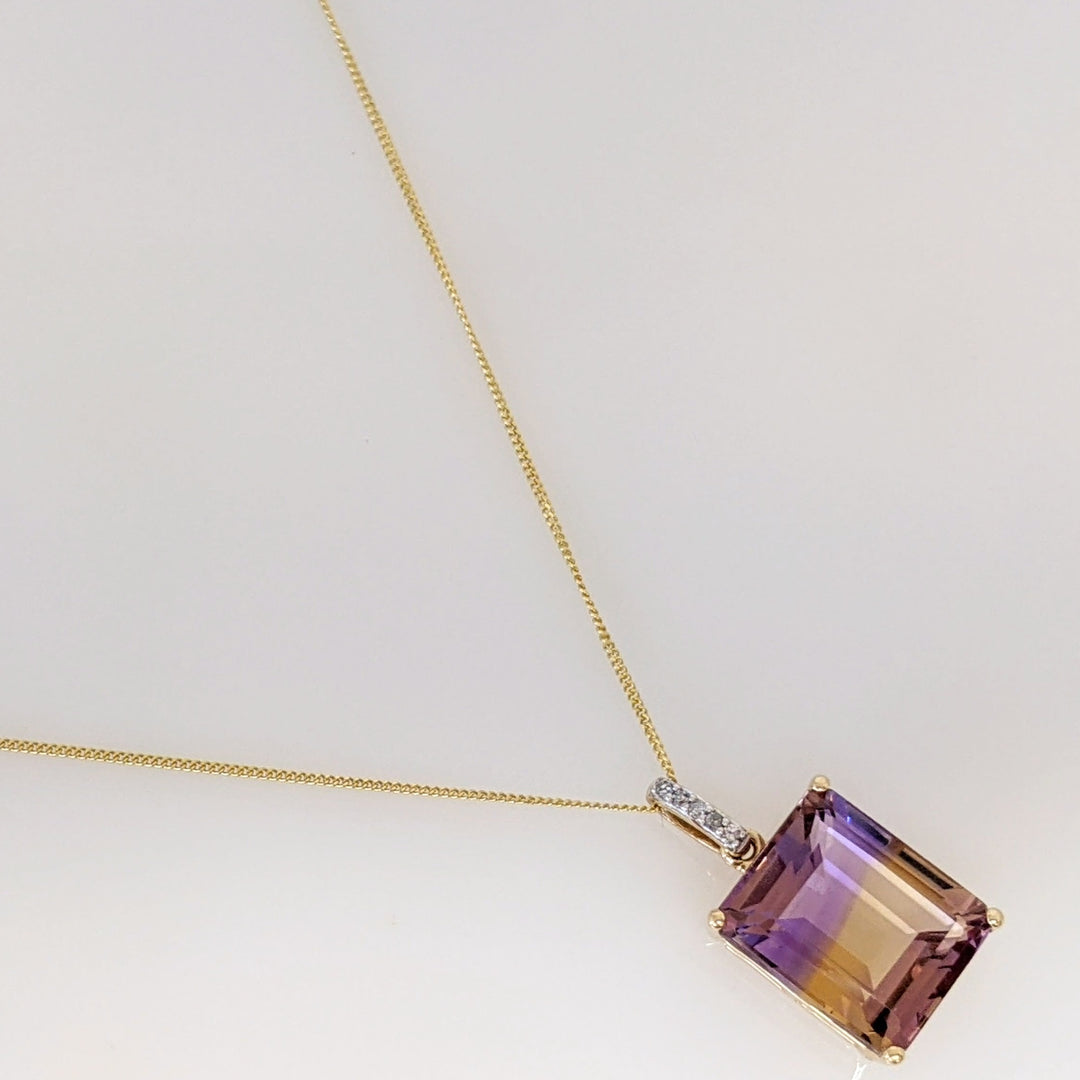 10K AMETRINE EMERALD CUT 10X12 WITH (5) MELEE ESTATE PENDANT & CHAIN 2.5 GRAMS