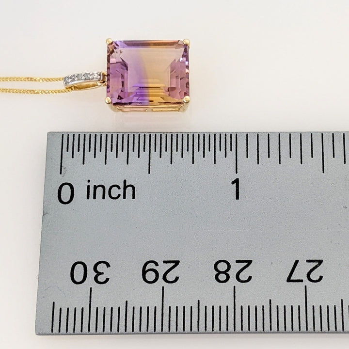 10K AMETRINE EMERALD CUT 10X12 WITH (5) MELEE ESTATE PENDANT & CHAIN 2.5 GRAMS
