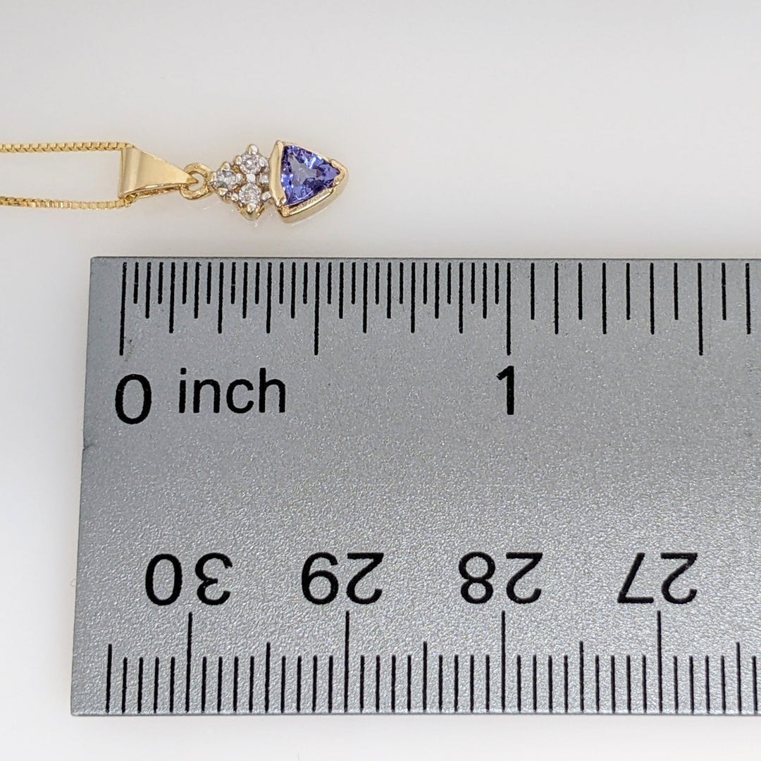 14K TANZANITE TRILLION 4MM WITH (3) MELEE ESTATE PENDANT & CHAIN 1.8 GRAMS