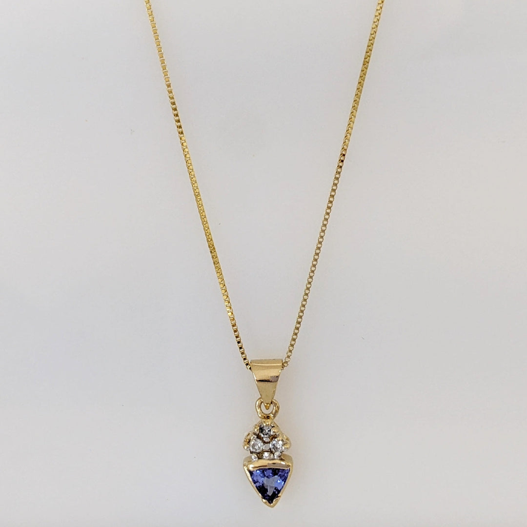 14K TANZANITE TRILLION 4MM WITH (3) MELEE ESTATE PENDANT & CHAIN 1.8 GRAMS