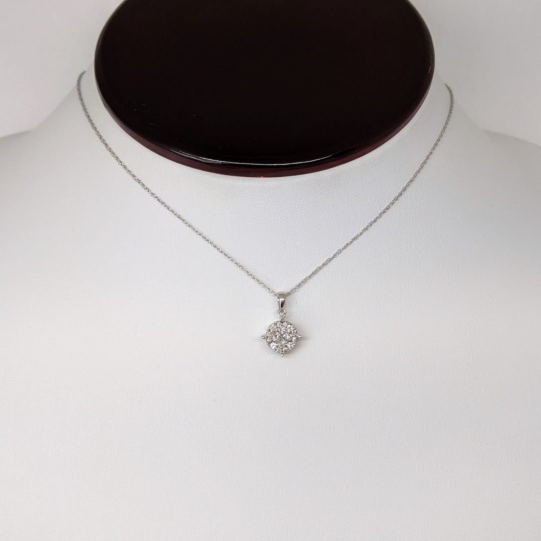 10K WHITE .50 CARAT TOTAL WEIGHT PRINCESS CUT (4) ROUND (12) ESTATE CLUSTER PENDANT & CHAIN 1.3 GRAMS
