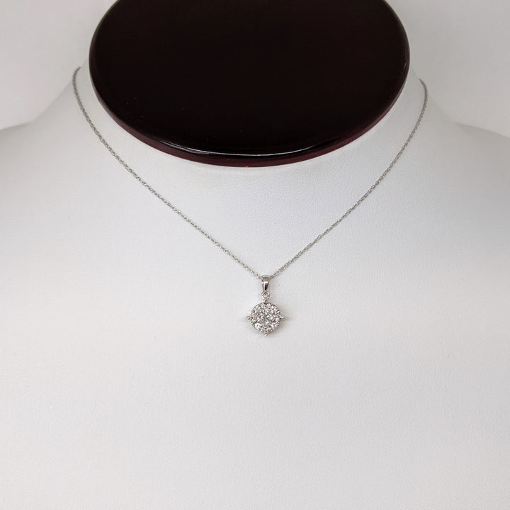 10K WHITE .50 CARAT TOTAL WEIGHT PRINCESS CUT (4) ROUND (12) ESTATE CLUSTER PENDANT & CHAIN 1.3 GRAMS