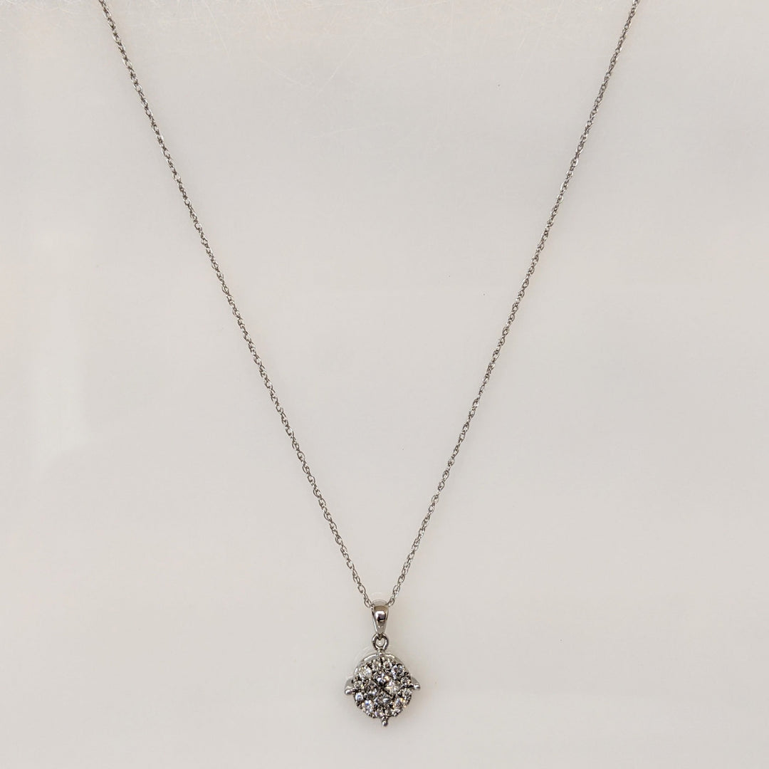 10K WHITE .50 CARAT TOTAL WEIGHT PRINCESS CUT (4) ROUND (12) ESTATE CLUSTER PENDANT & CHAIN 1.3 GRAMS