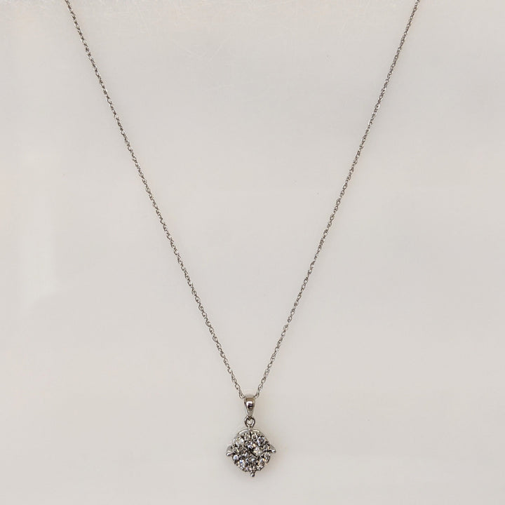 10K WHITE .50 CARAT TOTAL WEIGHT PRINCESS CUT (4) ROUND (12) ESTATE CLUSTER PENDANT & CHAIN 1.3 GRAMS
