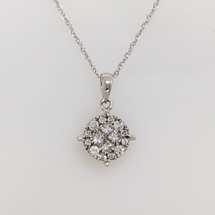 10K WHITE .50 CARAT TOTAL WEIGHT PRINCESS CUT (4) ROUND (12) ESTATE CLUSTER PENDANT & CHAIN 1.3 GRAMS