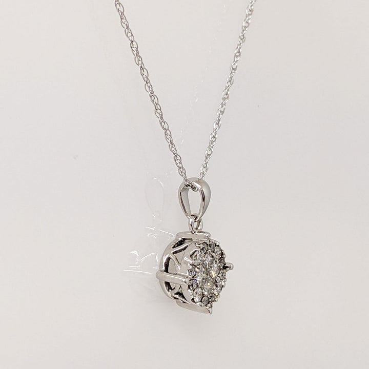 10K WHITE .50 CARAT TOTAL WEIGHT PRINCESS CUT (4) ROUND (12) ESTATE CLUSTER PENDANT & CHAIN 1.3 GRAMS