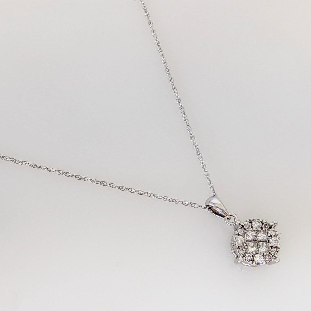 10K WHITE .50 CARAT TOTAL WEIGHT PRINCESS CUT (4) ROUND (12) ESTATE CLUSTER PENDANT & CHAIN 1.3 GRAMS