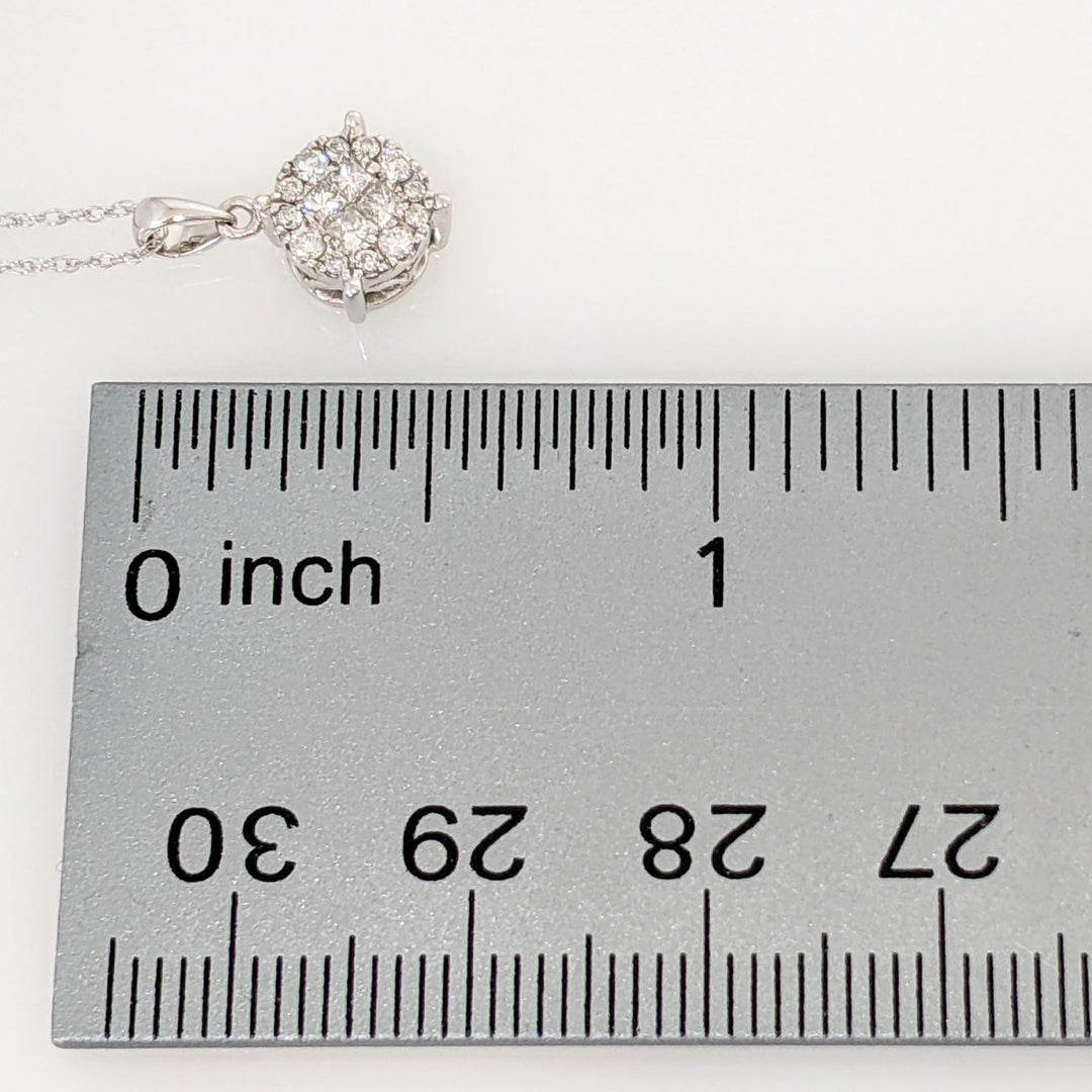 10K WHITE .50 CARAT TOTAL WEIGHT PRINCESS CUT (4) ROUND (12) ESTATE CLUSTER PENDANT & CHAIN 1.3 GRAMS