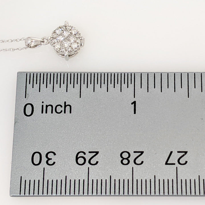 10K WHITE .50 CARAT TOTAL WEIGHT PRINCESS CUT (4) ROUND (12) ESTATE CLUSTER PENDANT & CHAIN 1.3 GRAMS