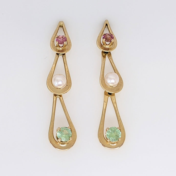 14K PINK 3MM (2) GREEN 4MM (2) TOURMALINE ROUND PEARL (2) ESTATE DANGLE EARRINGS 3.3 GRAMS