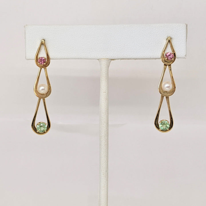 14K PINK 3MM (2) GREEN 4MM (2) TOURMALINE ROUND PEARL (2) ESTATE DANGLE EARRINGS 3.3 GRAMS
