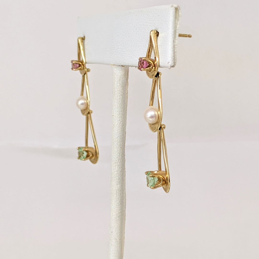 14K PINK 3MM (2) GREEN 4MM (2) TOURMALINE ROUND PEARL (2) ESTATE DANGLE EARRINGS 3.3 GRAMS