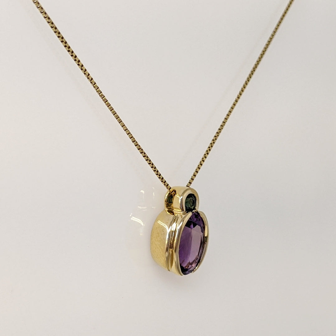 14K AMETHYST OVAL 7X10 WITH 3.0MM GREEN TOURMALINE BEZEL ESTATE PENDANT & CHAIN 3.7 GRAMS