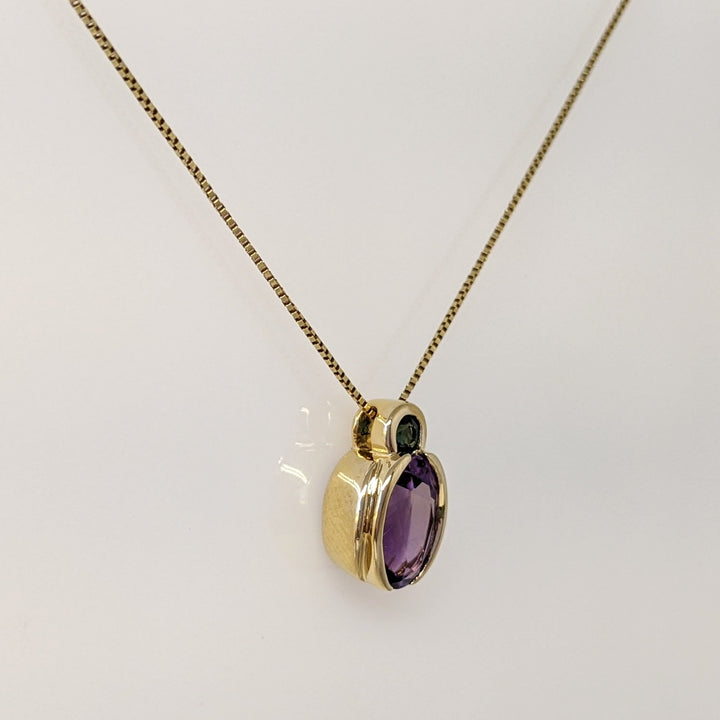 14K AMETHYST OVAL 7X10 WITH 3.0MM GREEN TOURMALINE BEZEL ESTATE PENDANT & CHAIN 3.7 GRAMS