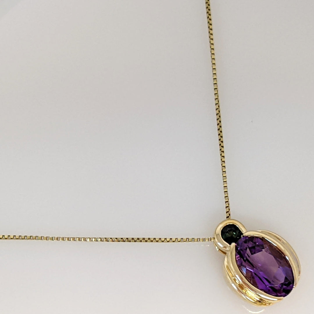 14K AMETHYST OVAL 7X10 WITH 3.0MM GREEN TOURMALINE BEZEL ESTATE PENDANT & CHAIN 3.7 GRAMS