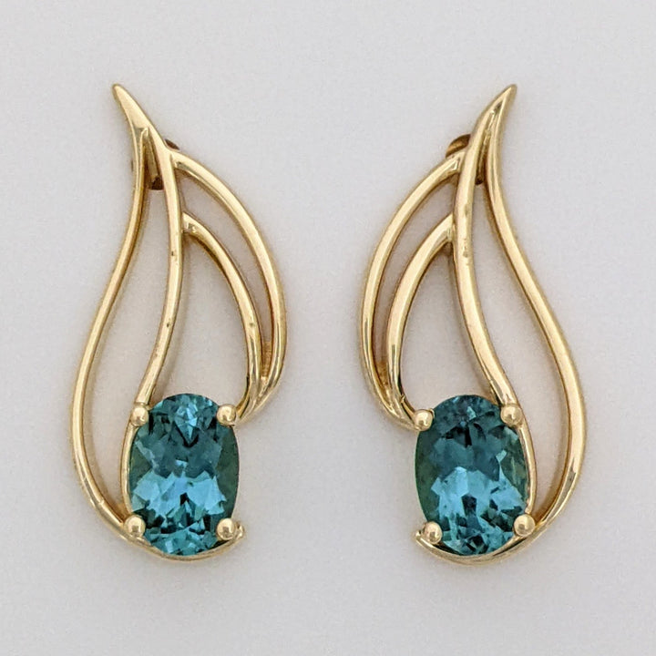 14K TEAL TOURMALINE OVAL (2) 4X6 FREE FORM ESTATE EARRINGS 2.6 GRAMS