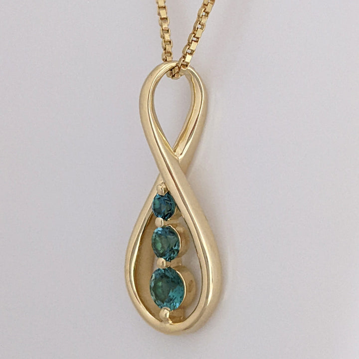 14K TEAL TOURMALINE ROUND (3) TWIST ESTATE PENDANT & CHAIN 6.3 GRAMS