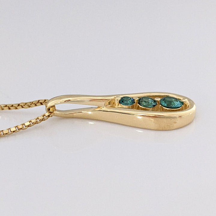 14K TEAL TOURMALINE ROUND (3) TWIST ESTATE PENDANT & CHAIN 6.3 GRAMS