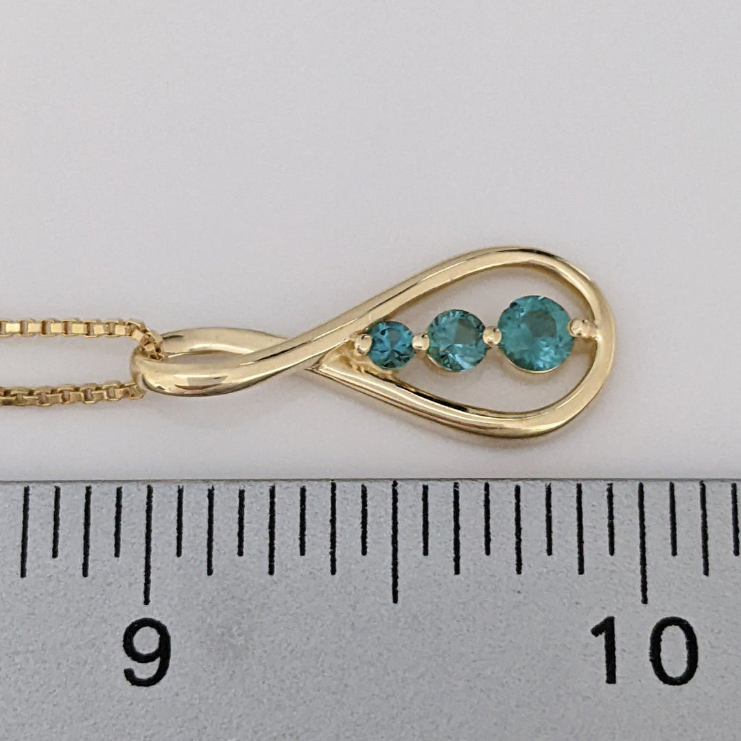 14K TEAL TOURMALINE ROUND (3) TWIST ESTATE PENDANT & CHAIN 6.3 GRAMS
