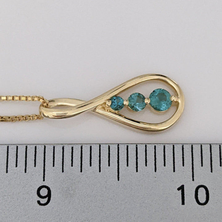 14K TEAL TOURMALINE ROUND (3) TWIST ESTATE PENDANT & CHAIN 6.3 GRAMS