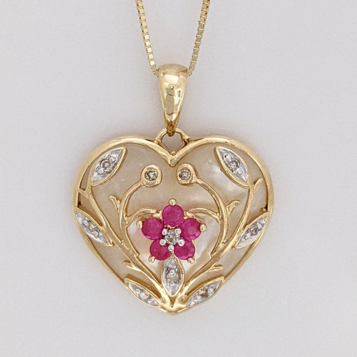 10K MOTHER OF PEARL HEART WITH (5) RUBY ROUND AND MELEE ESTATE PENDANT & CHAIN 4.3 GRAMS