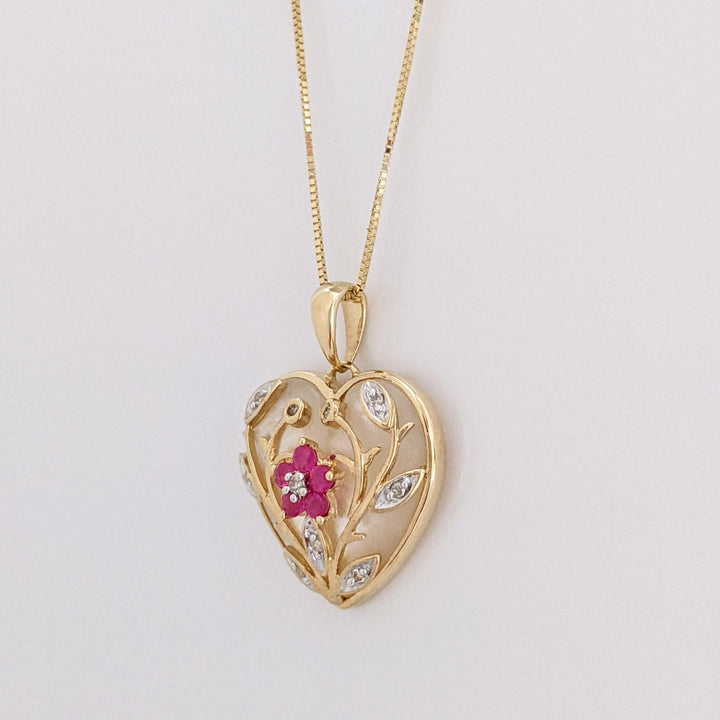 10K MOTHER OF PEARL HEART WITH (5) RUBY ROUND AND MELEE ESTATE PENDANT & CHAIN 4.3 GRAMS