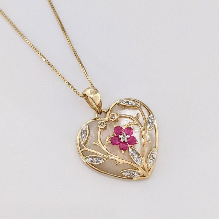 10K MOTHER OF PEARL HEART WITH (5) RUBY ROUND AND MELEE ESTATE PENDANT & CHAIN 4.3 GRAMS