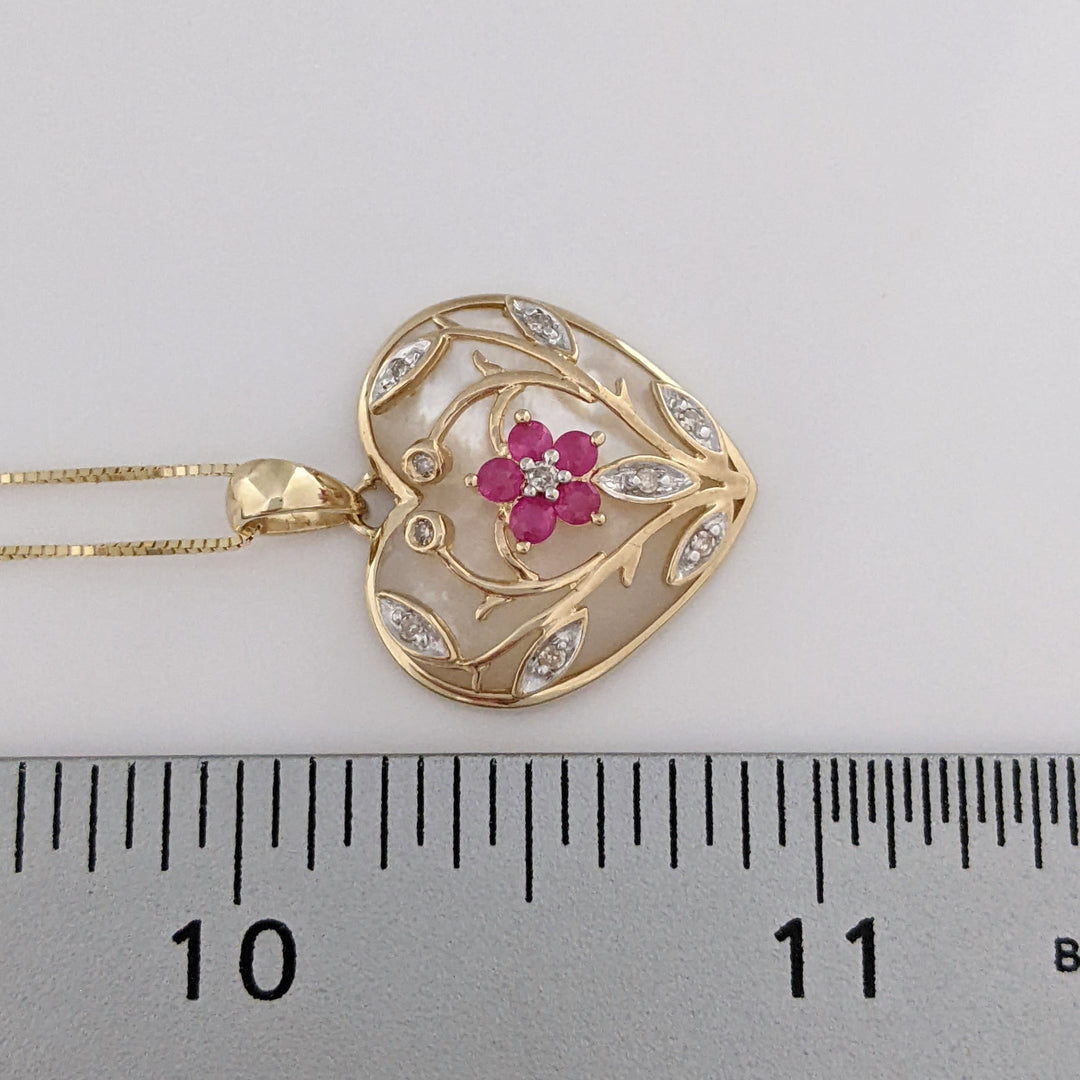 10K MOTHER OF PEARL HEART WITH (5) RUBY ROUND AND MELEE ESTATE PENDANT & CHAIN 4.3 GRAMS
