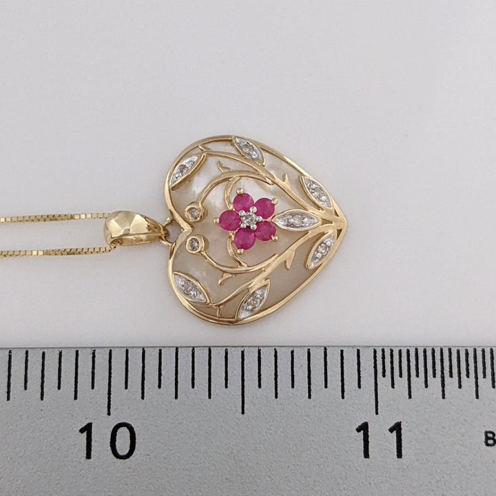 10K MOTHER OF PEARL HEART WITH (5) RUBY ROUND AND MELEE ESTATE PENDANT & CHAIN 4.3 GRAMS