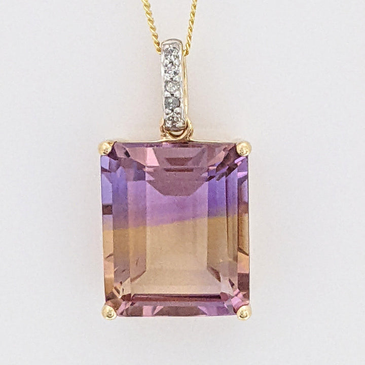 10K AMETRINE EMERALD CUT 10X12 WITH (5) MELEE ESTATE PENDANT & CHAIN 2.5 GRAMS