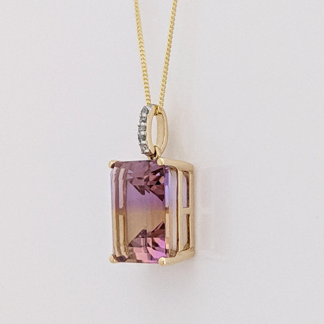 10K AMETRINE EMERALD CUT 10X12 WITH (5) MELEE ESTATE PENDANT & CHAIN 2.5 GRAMS