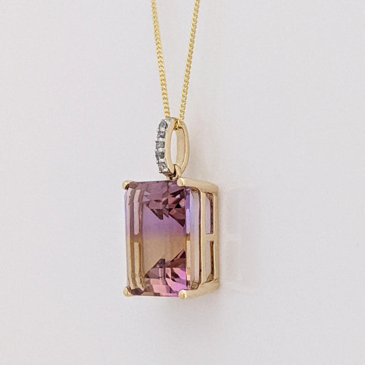 10K AMETRINE EMERALD CUT 10X12 WITH (5) MELEE ESTATE PENDANT & CHAIN 2.5 GRAMS