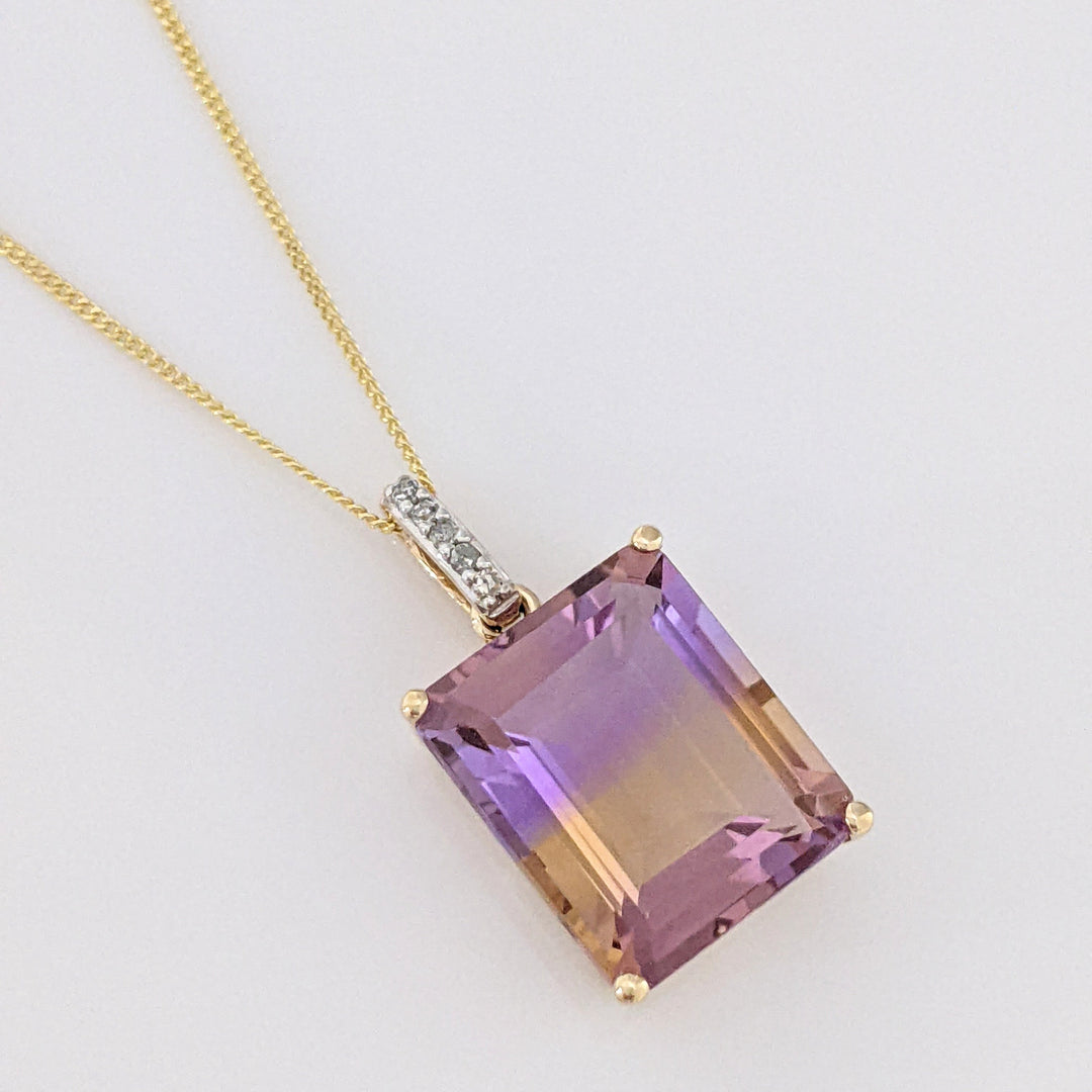 10K AMETRINE EMERALD CUT 10X12 WITH (5) MELEE ESTATE PENDANT & CHAIN 2.5 GRAMS