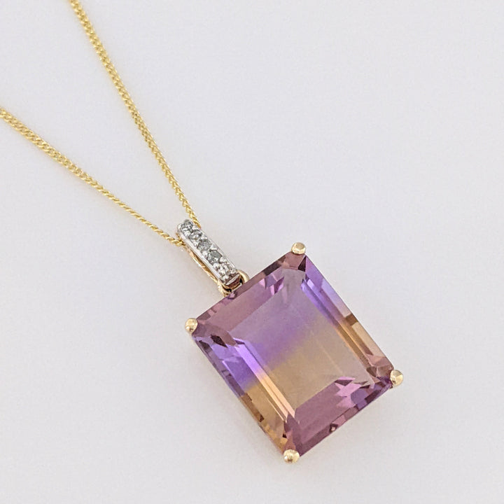 10K AMETRINE EMERALD CUT 10X12 WITH (5) MELEE ESTATE PENDANT & CHAIN 2.5 GRAMS
