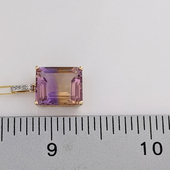 10K AMETRINE EMERALD CUT 10X12 WITH (5) MELEE ESTATE PENDANT & CHAIN 2.5 GRAMS