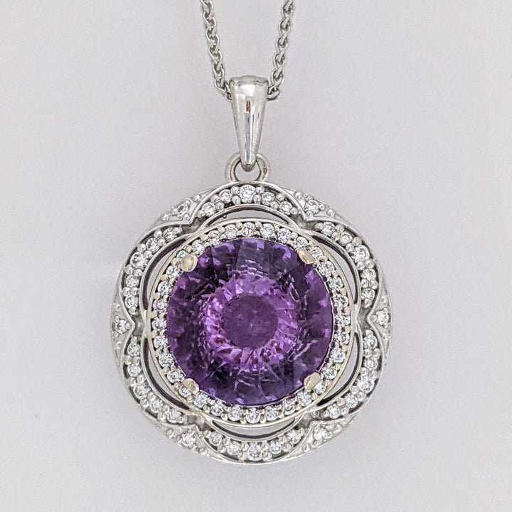 14K WHITE AMETHYST ROUND 11MM WITH .33 DIAMOND TOTAL WEIGHT CIRCLE ESTATE PENDANT & CHAIN 7.8 GRAMS