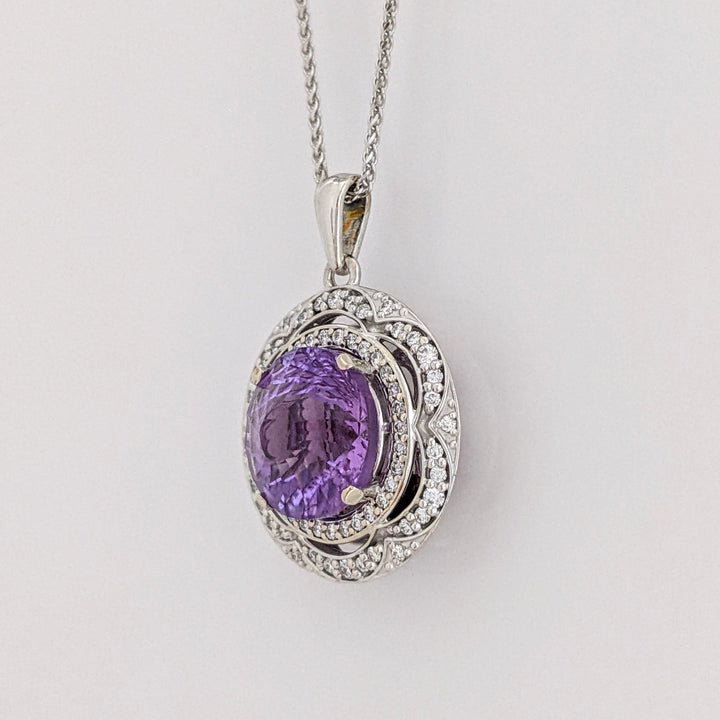 14K WHITE AMETHYST ROUND 11MM WITH .33 DIAMOND TOTAL WEIGHT CIRCLE ESTATE PENDANT & CHAIN 7.8 GRAMS
