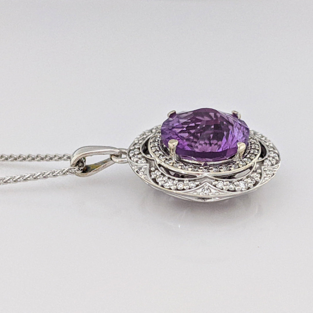 14K WHITE AMETHYST ROUND 11MM WITH .33 DIAMOND TOTAL WEIGHT CIRCLE ESTATE PENDANT & CHAIN 7.8 GRAMS