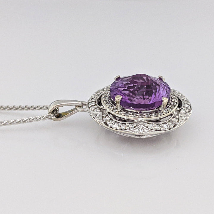 14K WHITE AMETHYST ROUND 11MM WITH .33 DIAMOND TOTAL WEIGHT CIRCLE ESTATE PENDANT & CHAIN 7.8 GRAMS