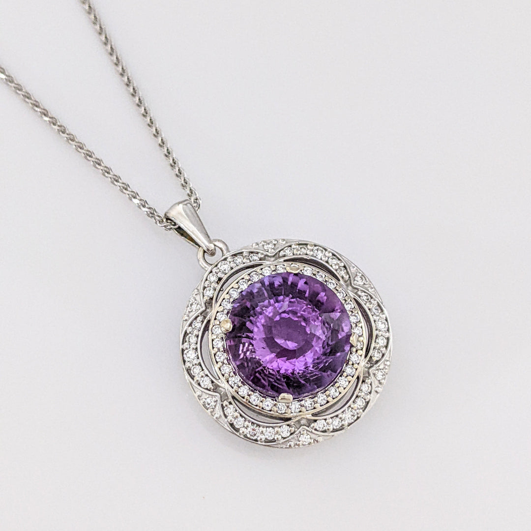 14K WHITE AMETHYST ROUND 11MM WITH .33 DIAMOND TOTAL WEIGHT CIRCLE ESTATE PENDANT & CHAIN 7.8 GRAMS