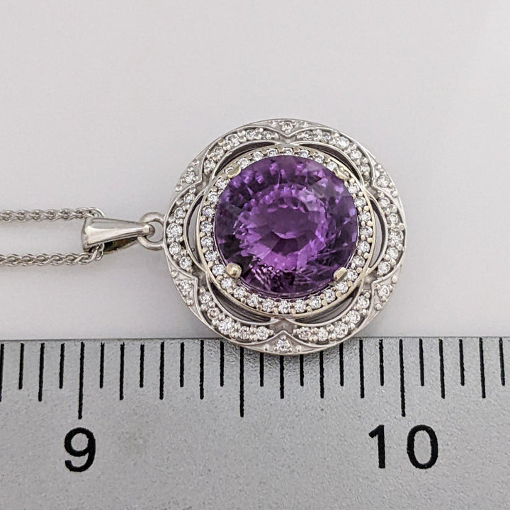 14K WHITE AMETHYST ROUND 11MM WITH .33 DIAMOND TOTAL WEIGHT CIRCLE ESTATE PENDANT & CHAIN 7.8 GRAMS