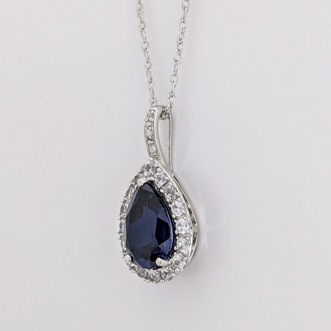 10K WHITE LAB- CREATED SAPPHIRE PEAR 7X10 (1) 5X8 (2) WITH .67 DIAMOND TOTAL WEIGHT ESTATE PENDANT, CHAIN, & EARRING SET 5.1 GRAMS