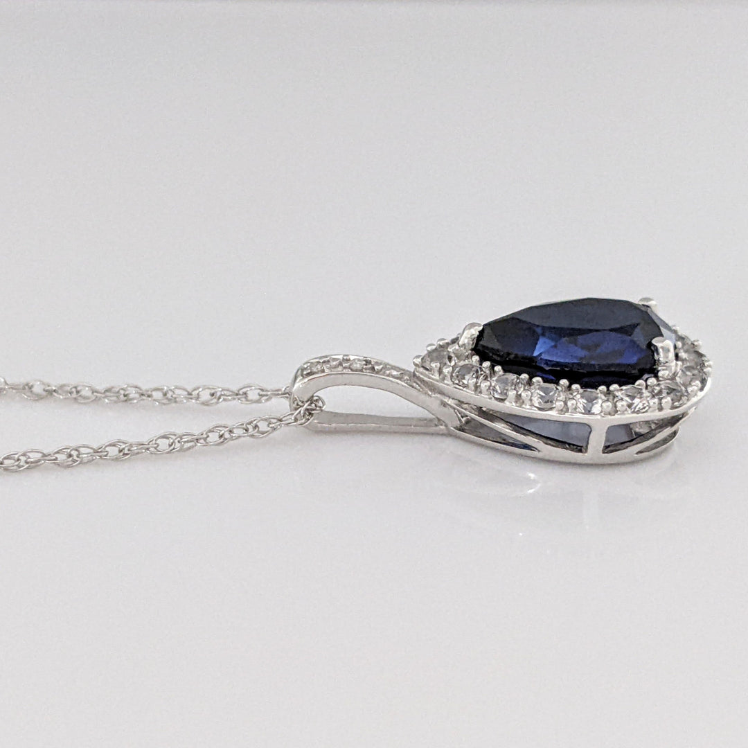 10K WHITE LAB- CREATED SAPPHIRE PEAR 7X10 (1) 5X8 (2) WITH .67 DIAMOND TOTAL WEIGHT ESTATE PENDANT, CHAIN, & EARRING SET 5.1 GRAMS