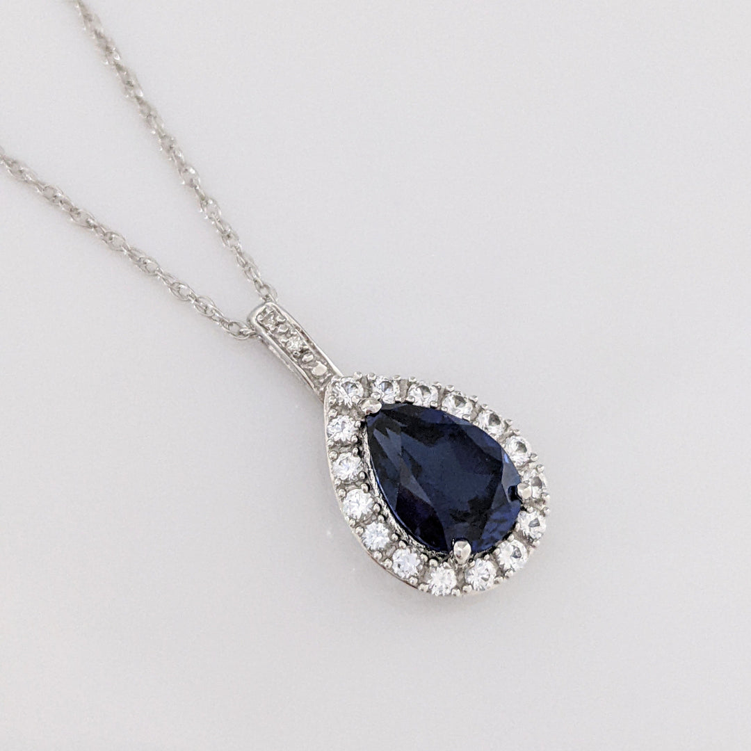 10K WHITE LAB- CREATED SAPPHIRE PEAR 7X10 (1) 5X8 (2) WITH .67 DIAMOND TOTAL WEIGHT ESTATE PENDANT, CHAIN, & EARRING SET 5.1 GRAMS