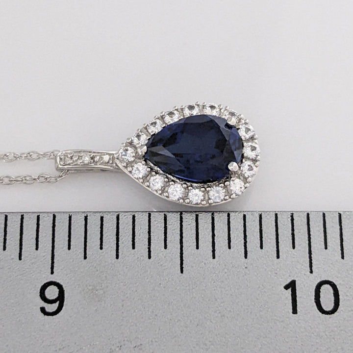 10K WHITE LAB- CREATED SAPPHIRE PEAR 7X10 (1) 5X8 (2) WITH .67 DIAMOND TOTAL WEIGHT ESTATE PENDANT, CHAIN, & EARRING SET 5.1 GRAMS