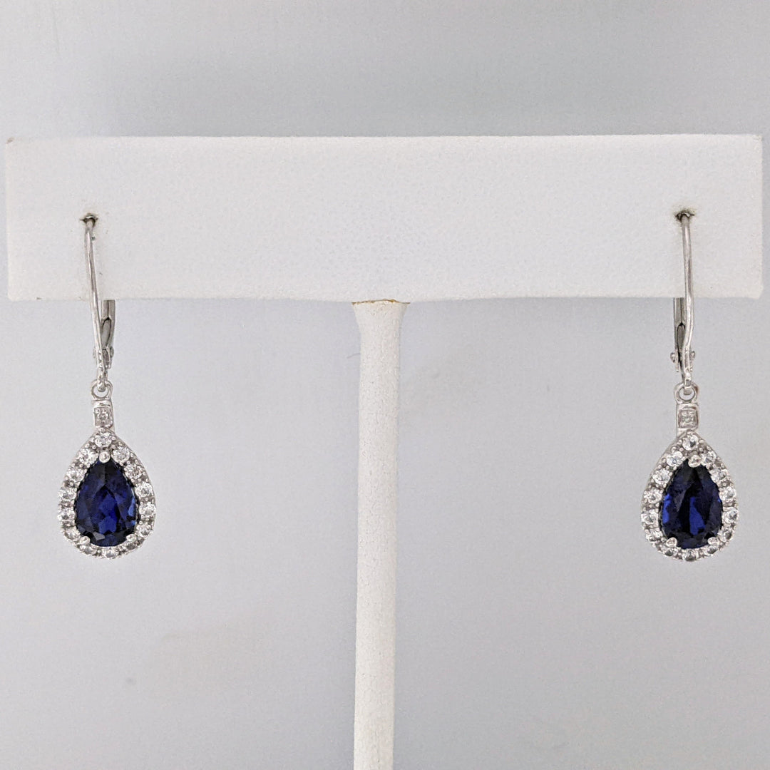 10K WHITE LAB- CREATED SAPPHIRE PEAR 7X10 (1) 5X8 (2) WITH .67 DIAMOND TOTAL WEIGHT ESTATE PENDANT, CHAIN, & EARRING SET 5.1 GRAMS
