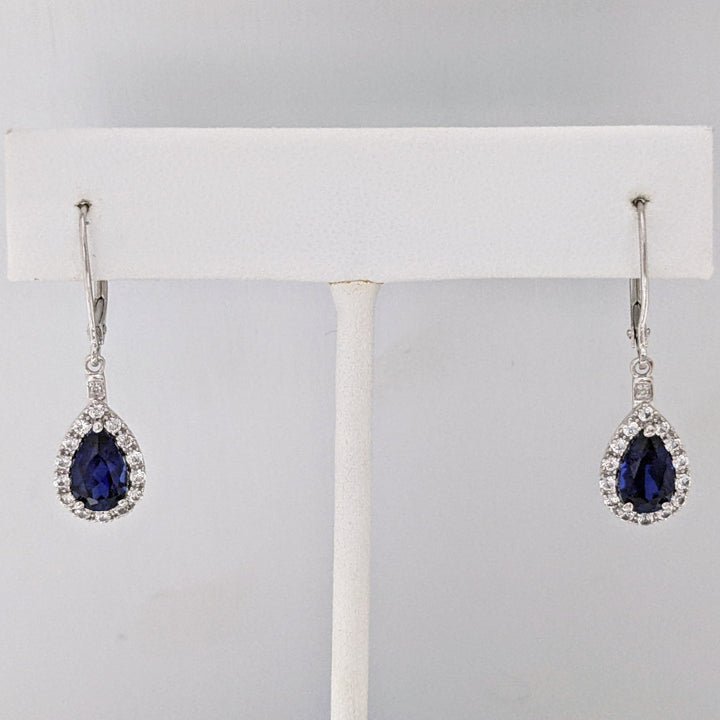10K WHITE LAB- CREATED SAPPHIRE PEAR 7X10 (1) 5X8 (2) WITH .67 DIAMOND TOTAL WEIGHT ESTATE PENDANT, CHAIN, & EARRING SET 5.1 GRAMS